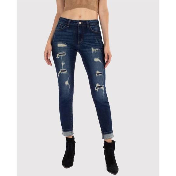 KANCAN Denim - NEW KANCAN mid rise distressed ankle skinny jean in dark wash